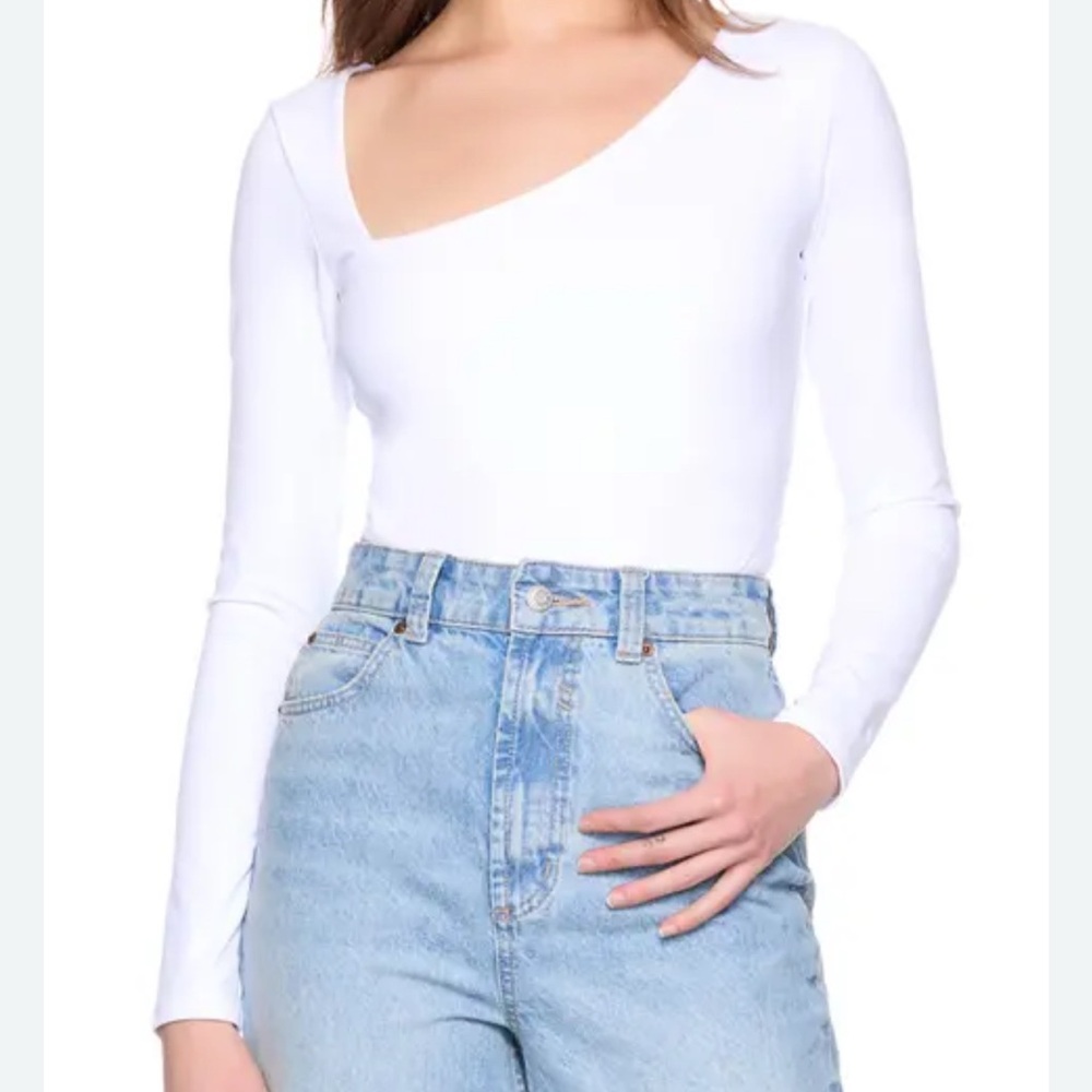Susana Monaco Womens White Long Sleeve Asymmetrical Neck Blouse Top Size Large